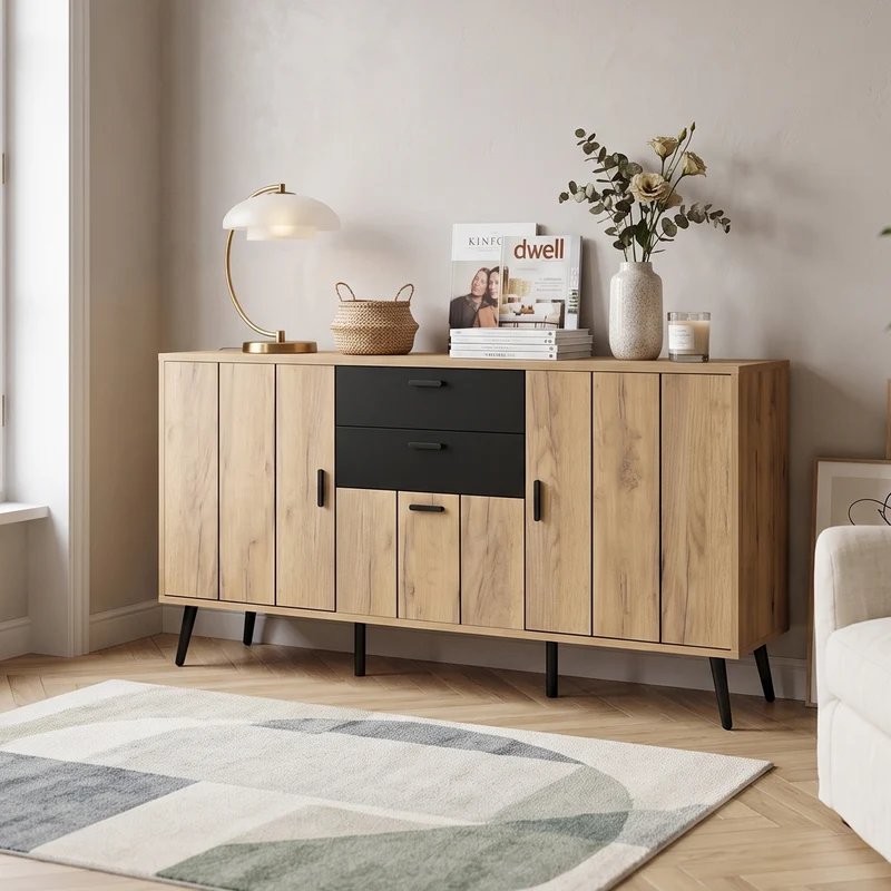 Buffet moderne effet bois et noir 2 tiroirs 3 portes 140x35x67cm MODERNLAMPHOME