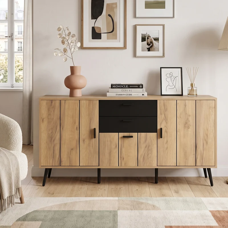 Buffet moderne effet bois et noir 2 tiroirs 3 portes 140x35x67cm MODERNLAMPHOME