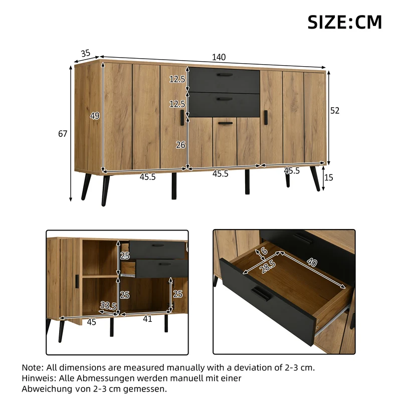 Buffet moderne effet bois et noir 2 tiroirs 3 portes 140x35x67cm MODERNLAMPHOME