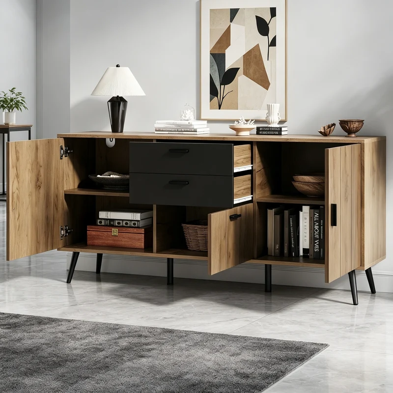 Buffet moderne effet bois et noir 2 tiroirs 3 portes 140x35x67cm MODERNLAMPHOME