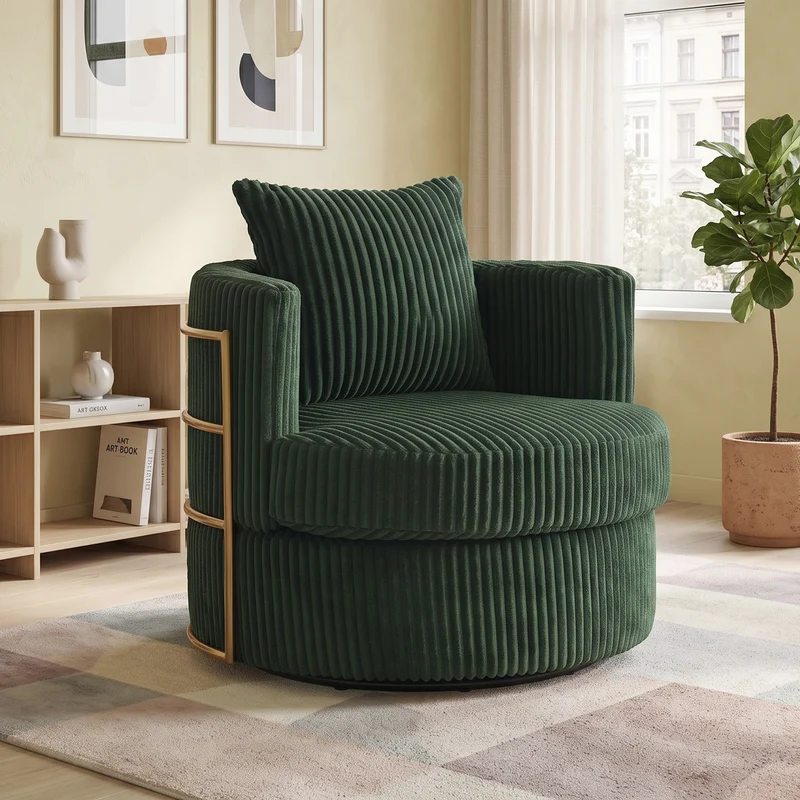 Fauteuil pivotant 360° en velours côtelé vert émeraude, avec rangement MODERNELITE