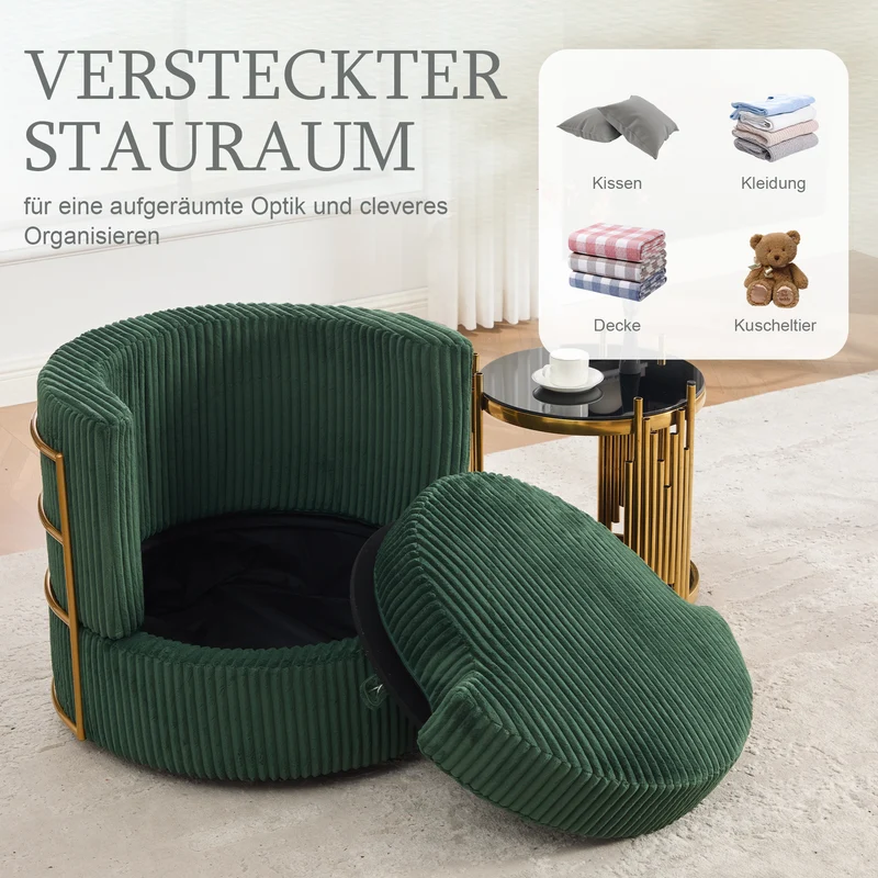 Fauteuil pivotant 360° en velours côtelé vert émeraude, avec rangement MODERNELITE