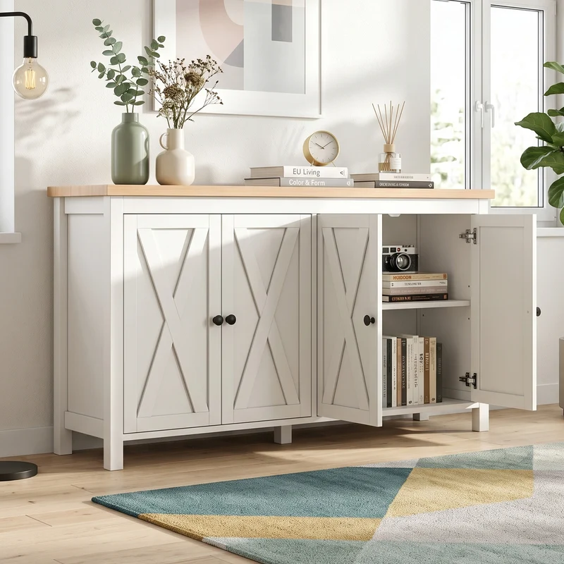 Buffet blanc et effet bois à 4 portes, style scandinave 140×40×78cm MODERNMIRRORHOME