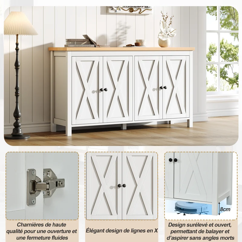 Buffet blanc et effet bois à 4 portes, style scandinave 140×40×78cm MODERNMIRRORHOME