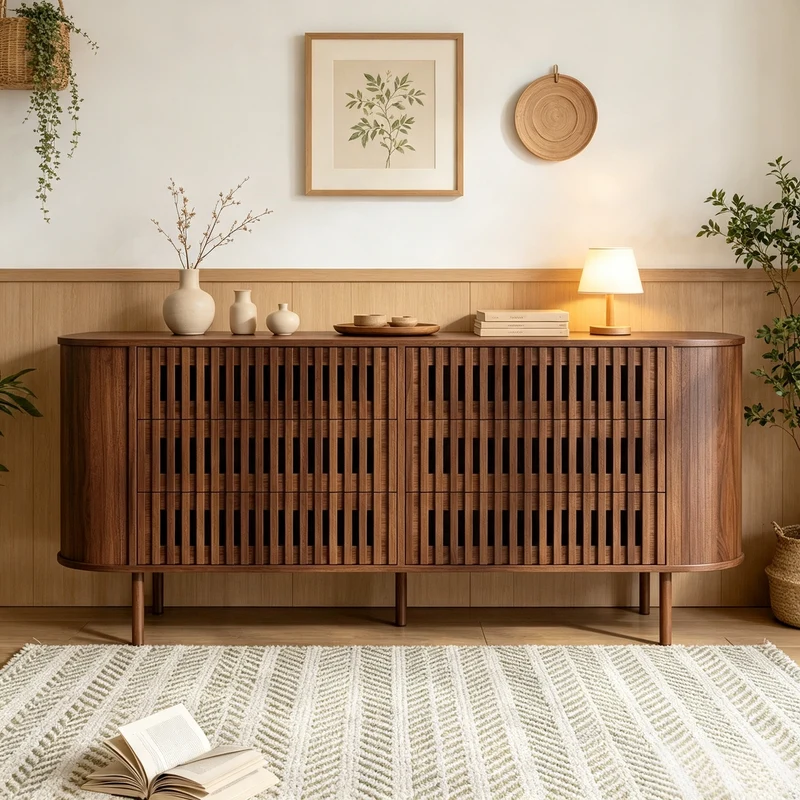 Buffet effet noyer, 6 tiroirs, design à lattes 160×40×70cm PANELSTYLE