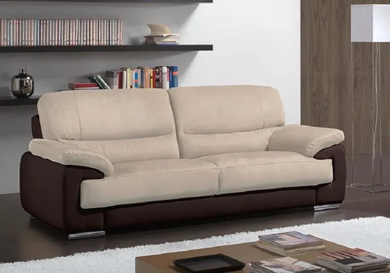 Canapé droit bicolore en cuir et microfibre crème - Anne