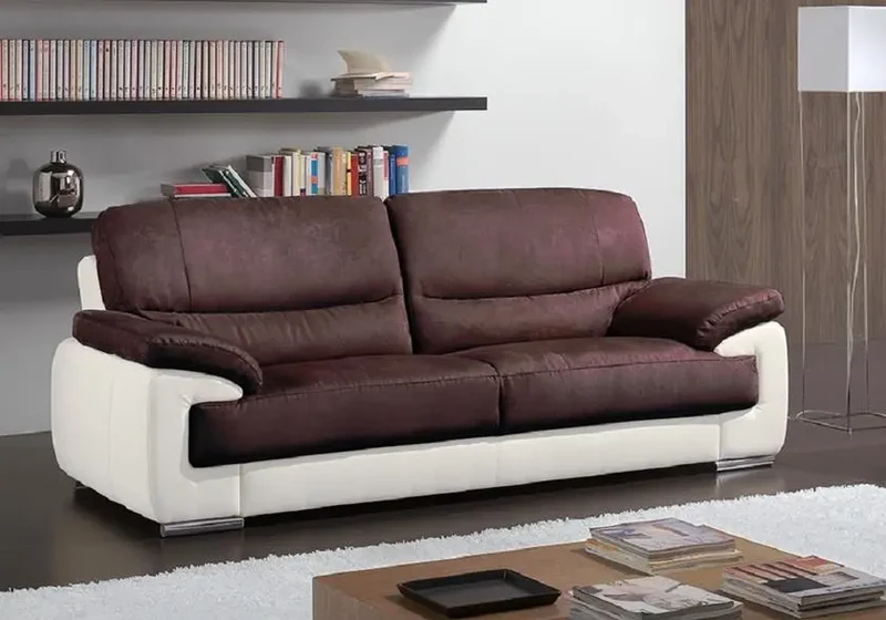 Canapé droit bicolore en cuir et microfibre choco - Anne