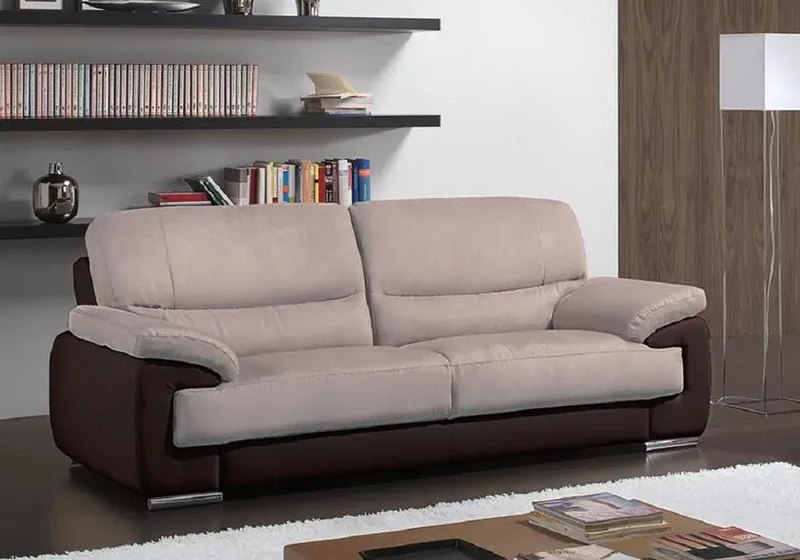 Canapé droit bicolore en cuir et microfibre beige - Anne