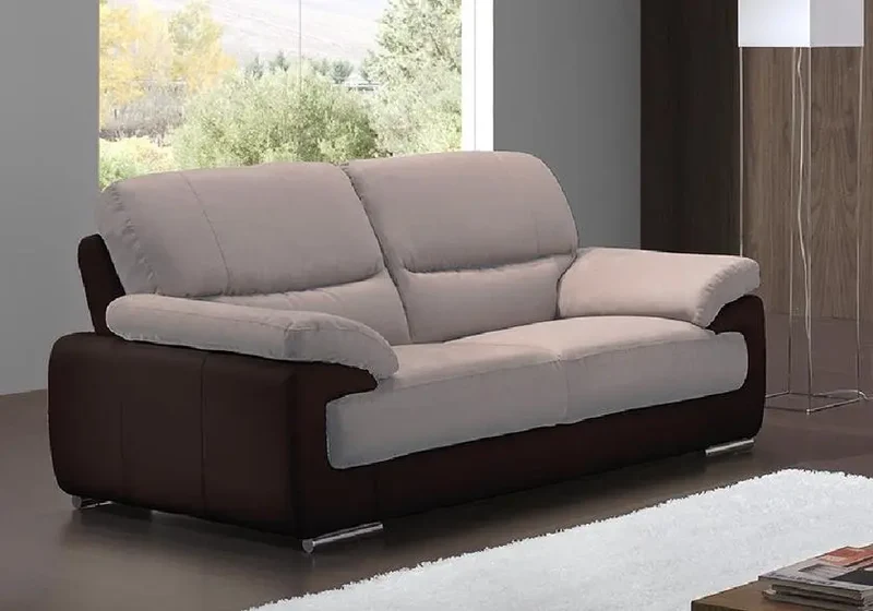 Canapé droit bicolore en cuir et microfibre beige - Anne