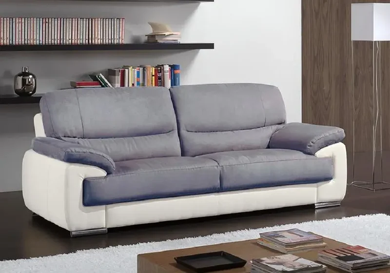 Canapé droit bicolore en cuir et microfibre gris - Anne