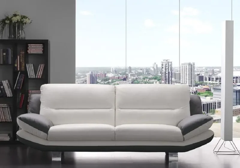 Canapé droit bicolore en cuir blanc et taupe - Bea