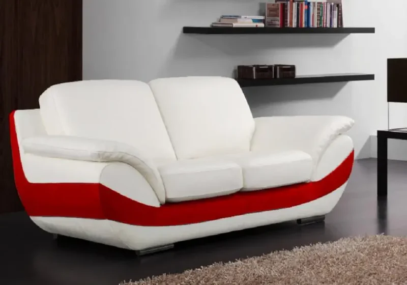 Canapé droit bicolore en cuir crème et rouge - Bruni