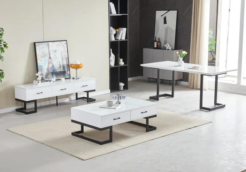 Meuble banc tv noire marbre blanc - Odel