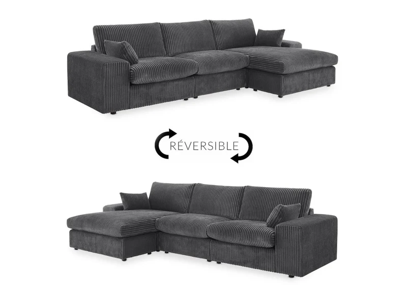 Canapé d'angle réversible en gros côtelé doux gris SIRINA