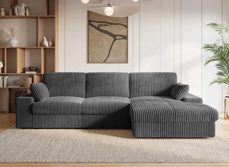 Canapé d'angle réversible en gros côtelé doux gris SIRINA