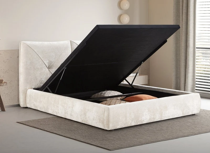 Lit coffre en tissu bouclette doux beige 160x200 cm NOAH