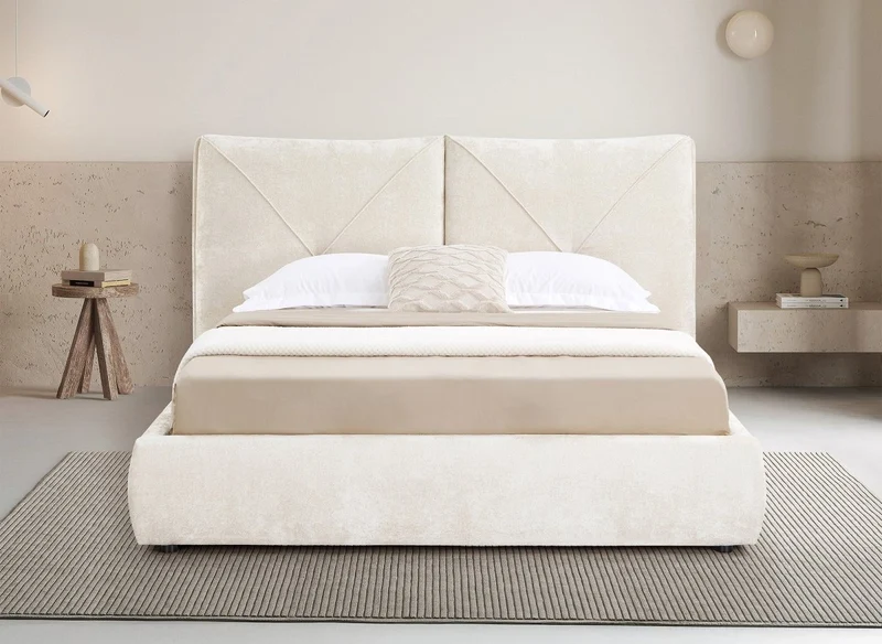 Lit coffre en tissu bouclette doux beige 160x200 cm NOAH
