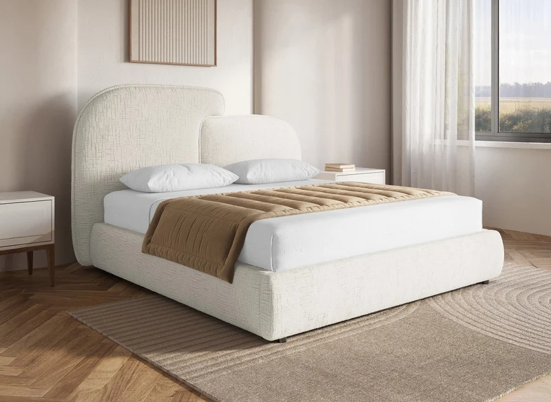 Lit coffre en velours chiné beige 140x190 cm MILENA