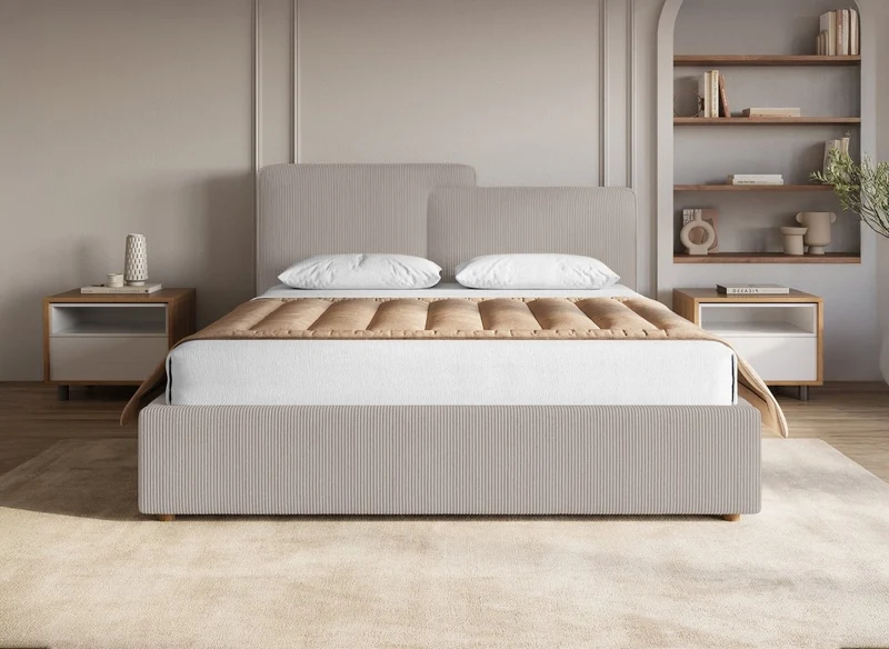 Lit coffre en velours côtelé taupe 140x190 cm ZELIA