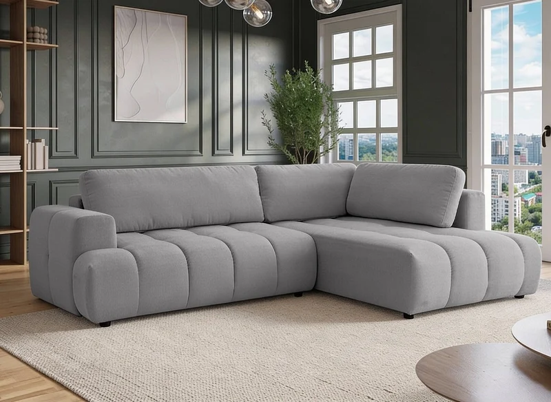 Canapé d'angle convertible avec coffre en tissu gris HAVEN - Angle droit