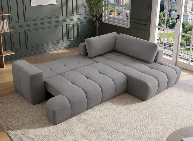 Canapé d'angle convertible avec coffre en tissu gris HAVEN - Angle droit