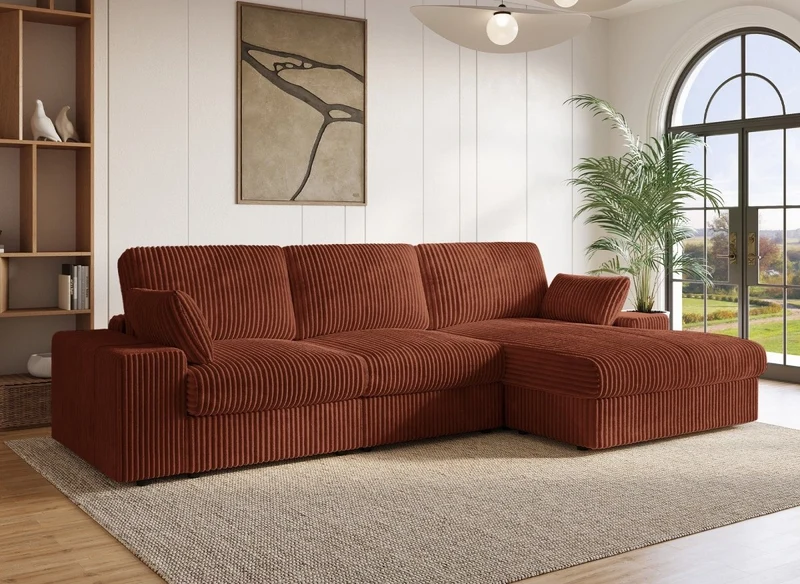 Canapé d'angle réversible en gros côtelé doux terracotta SIRINA