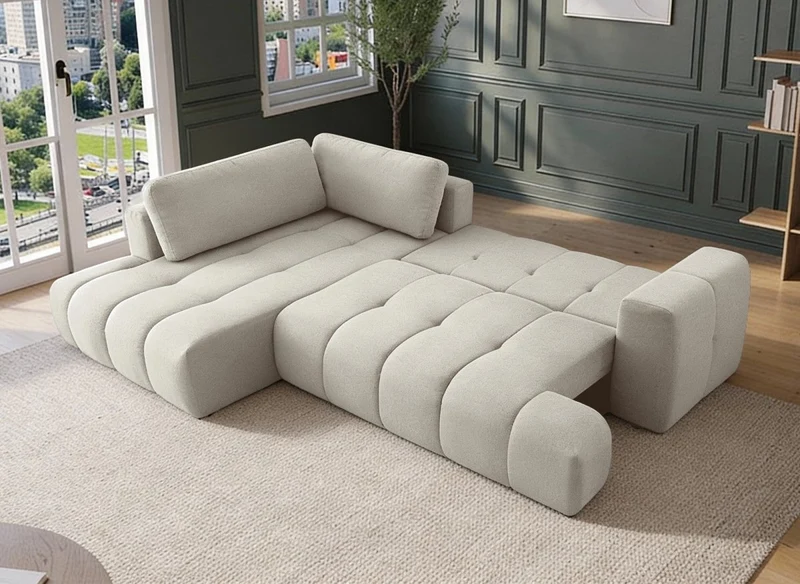 Canapé d'angle convertible avec coffre en tissu beige HAVEN - Angle gauche