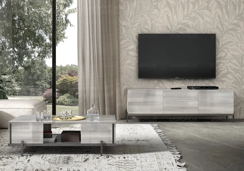 Meuble TV 3 portes gris argent laqué design - Mia
