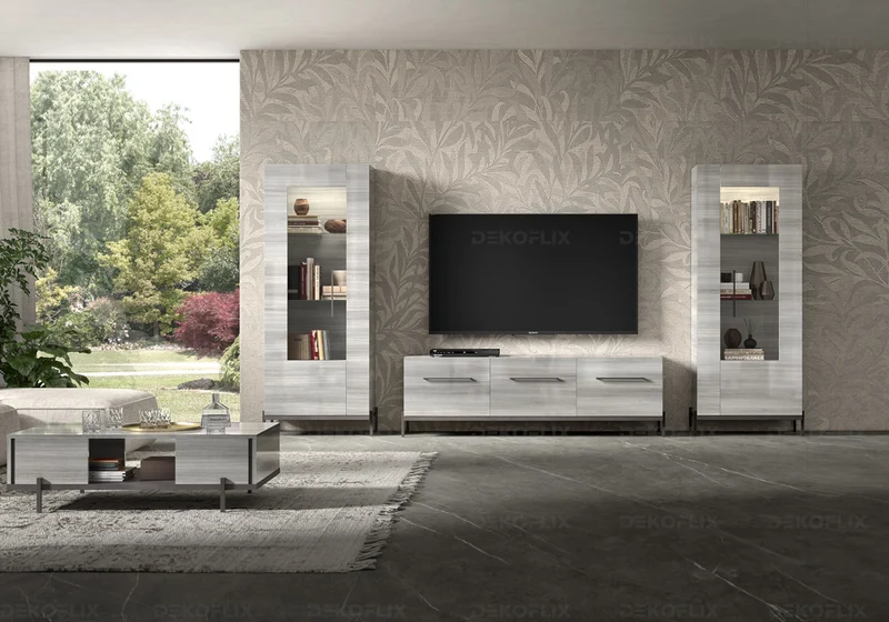 Meuble TV 3 portes gris argent laqué design - Mia