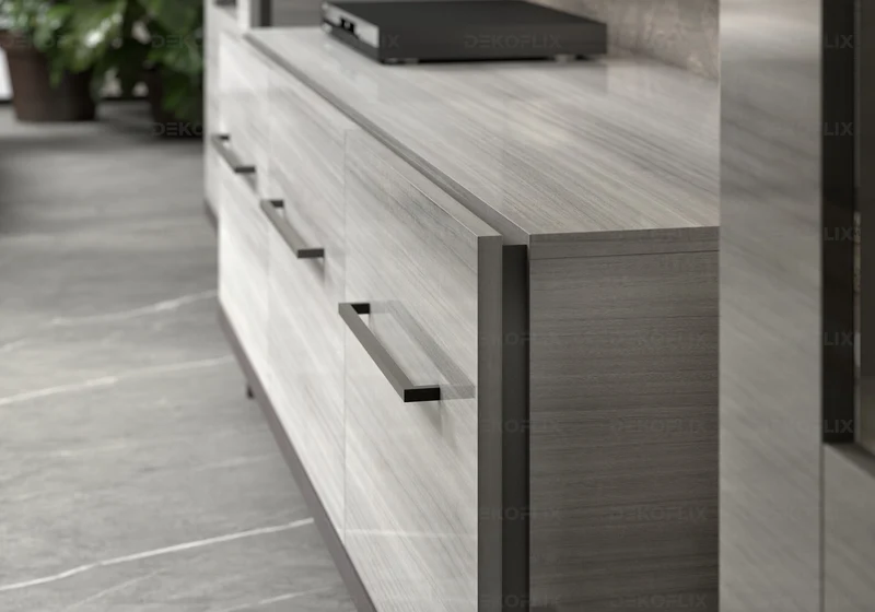Meuble TV 3 portes gris argent laqué design - Mia
