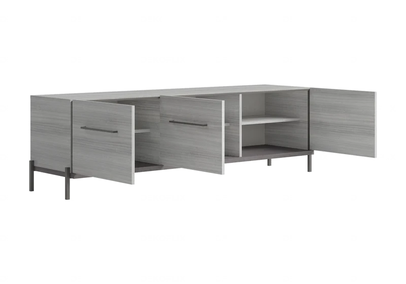 Meuble TV 3 portes gris argent laqué design - Mia