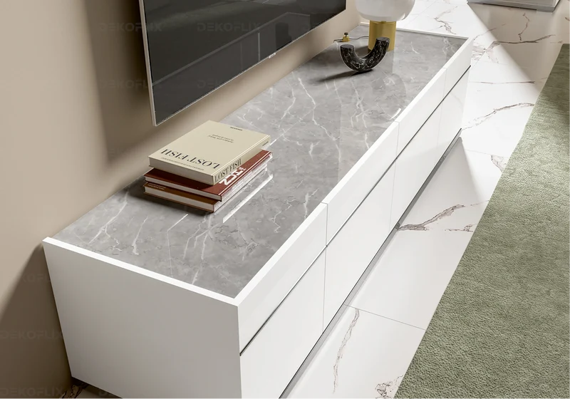 Meuble TV 3 ou 4 portes blanc laqué marbre gris - Mara