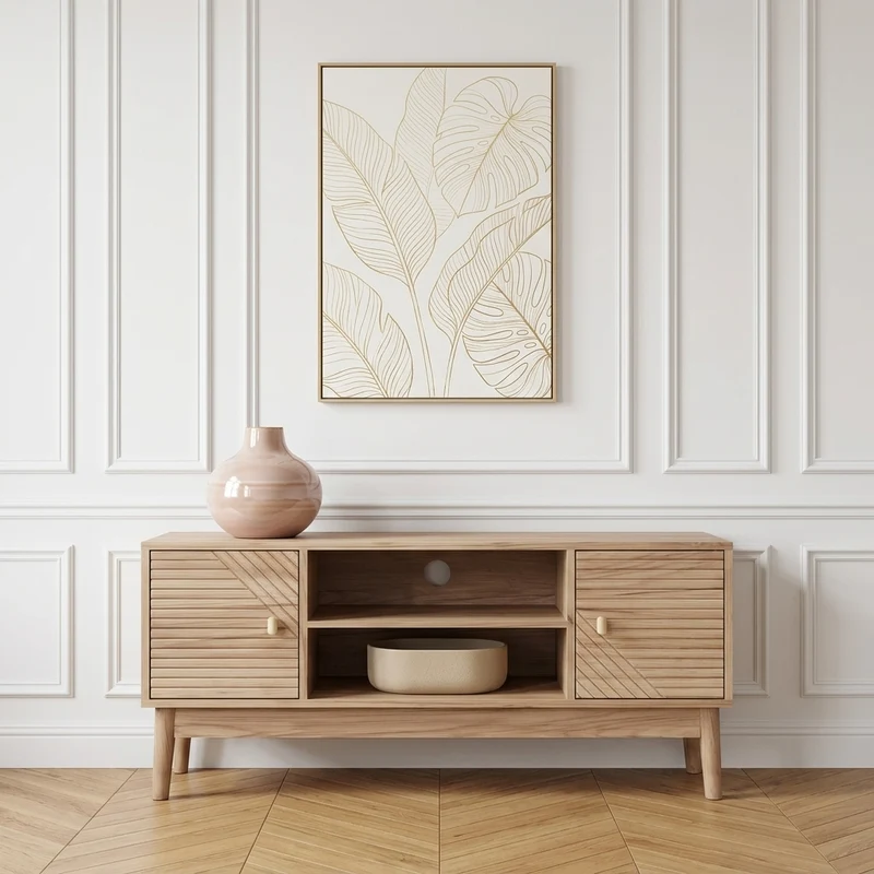 Aria Meuble TV 110 cm mid-century, finition chêne - TV 32 à 45 pouces
