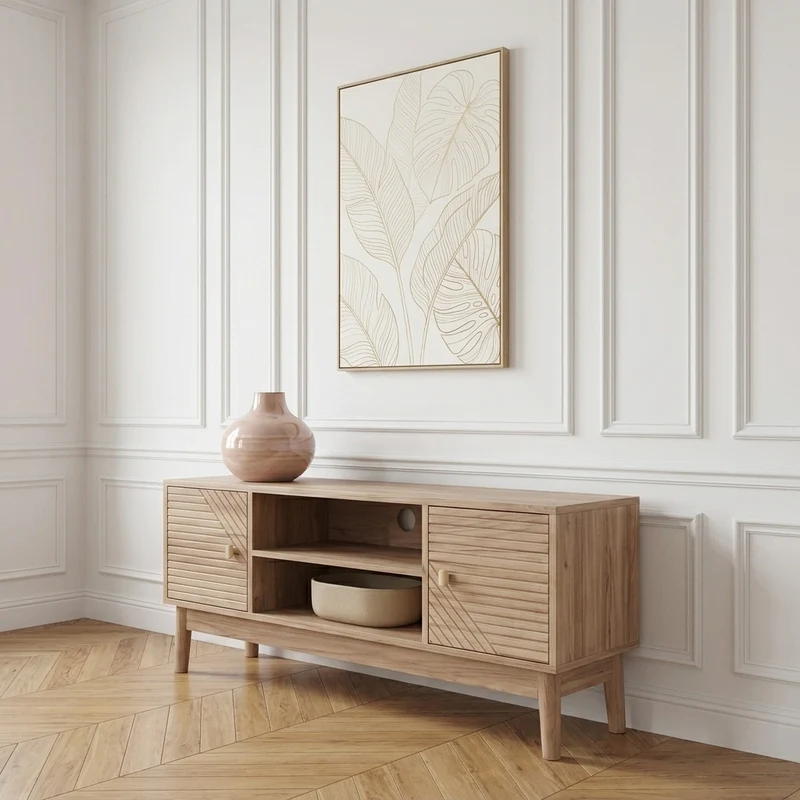 Aria Meuble TV 110 cm mid-century, finition chêne - TV 32 à 45 pouces