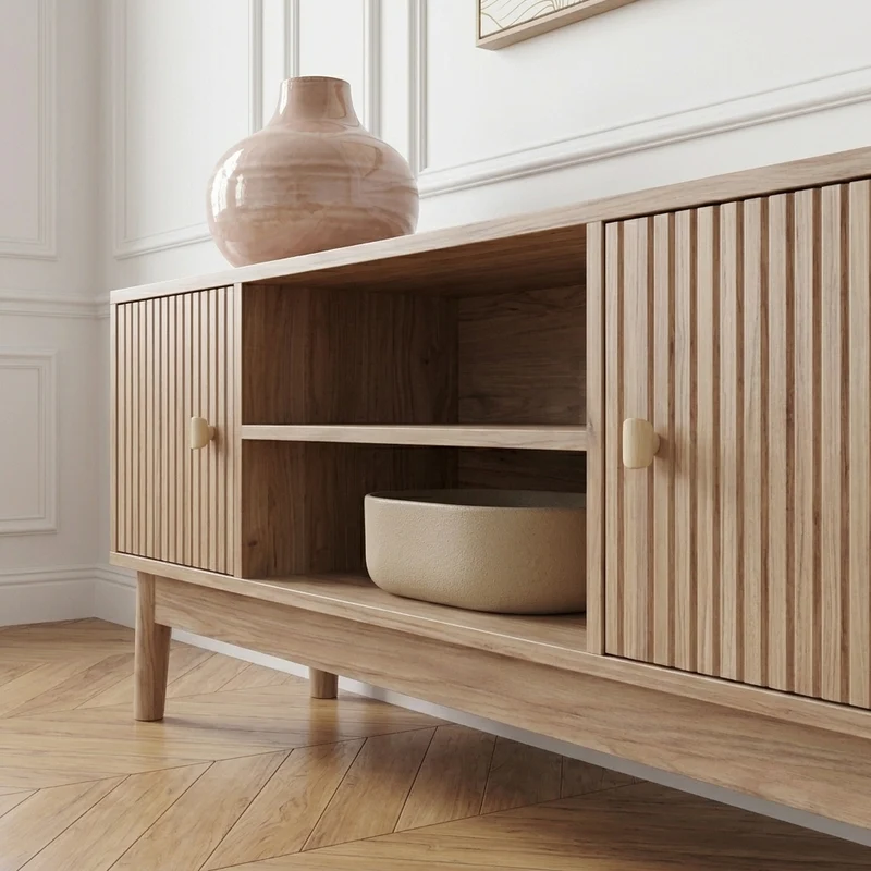 Aria Meuble TV 110 cm mid-century, finition chêne - TV 32 à 45 pouces