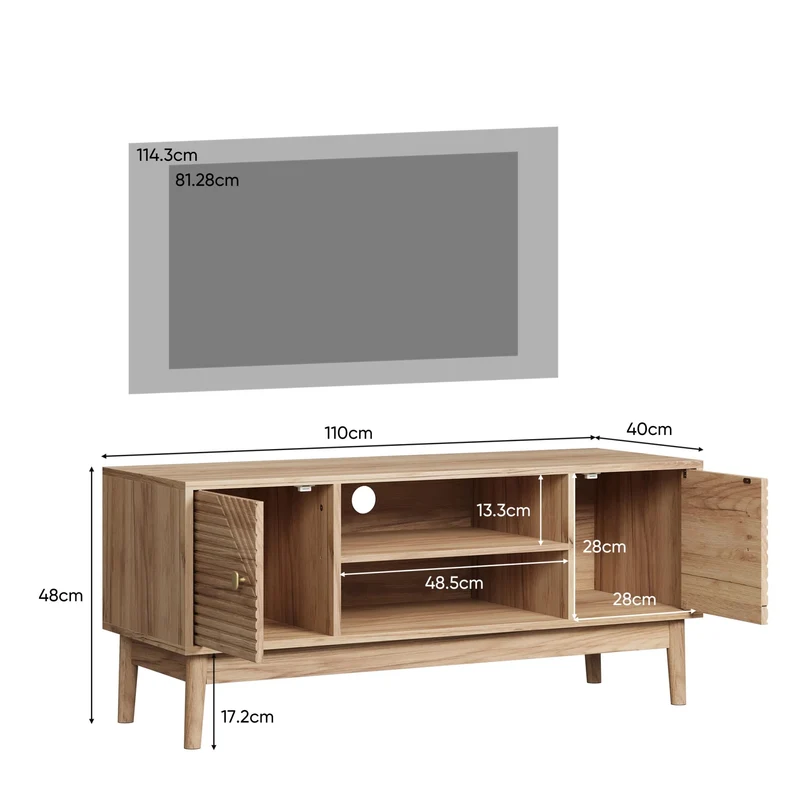 Aria Meuble TV 110 cm mid-century, finition chêne - TV 32 à 45 pouces