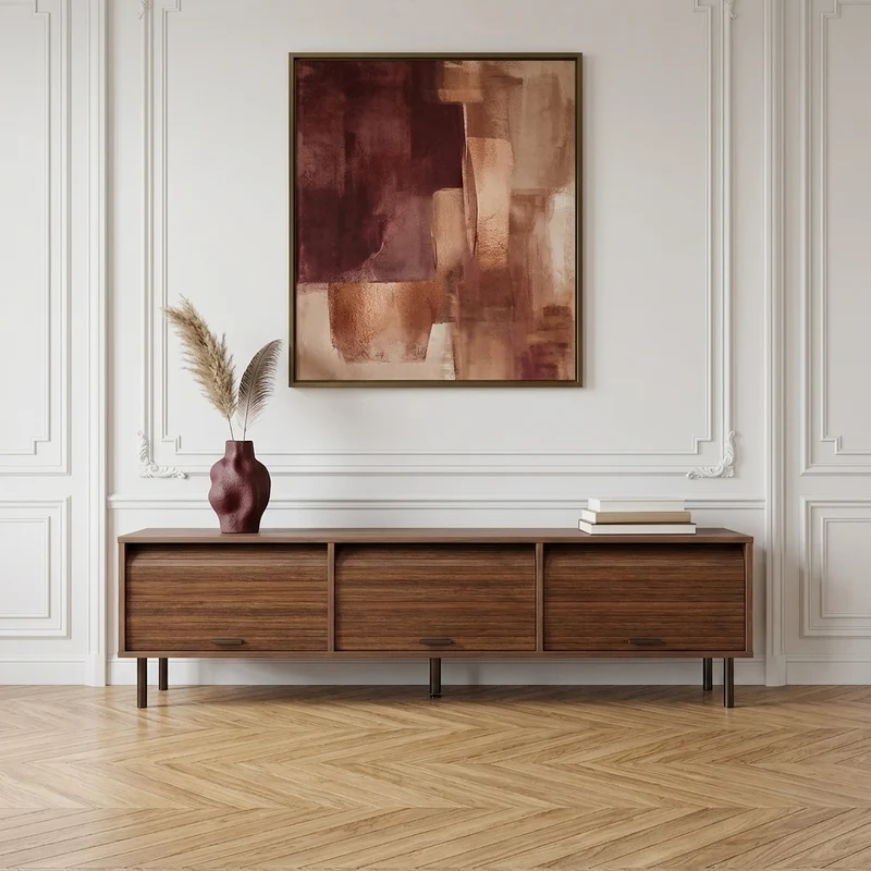 Marcel Meuble TV 180 cm effet noyer avec 3 portes coulissantes et pieds métal noir