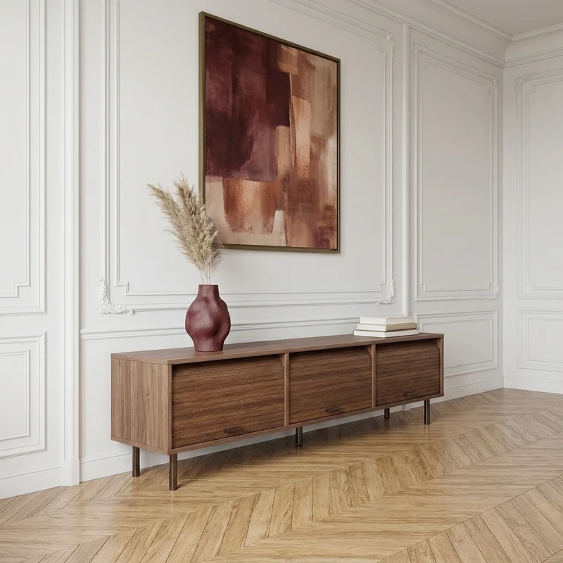 Marcel Meuble TV 180 cm effet noyer avec 3 portes coulissantes et pieds métal noir