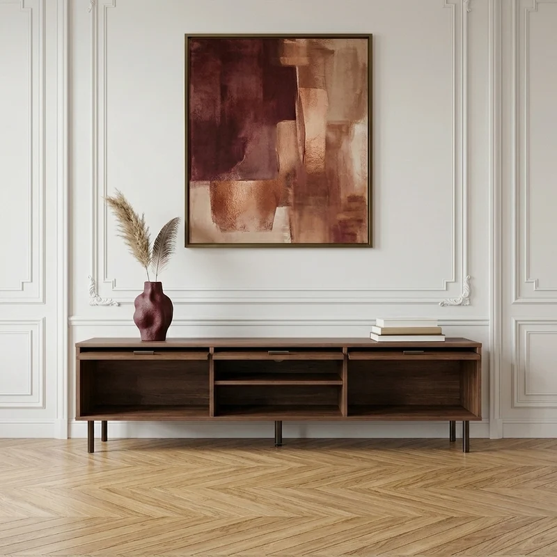 Marcel Meuble TV 180 cm effet noyer avec 3 portes coulissantes et pieds métal noir