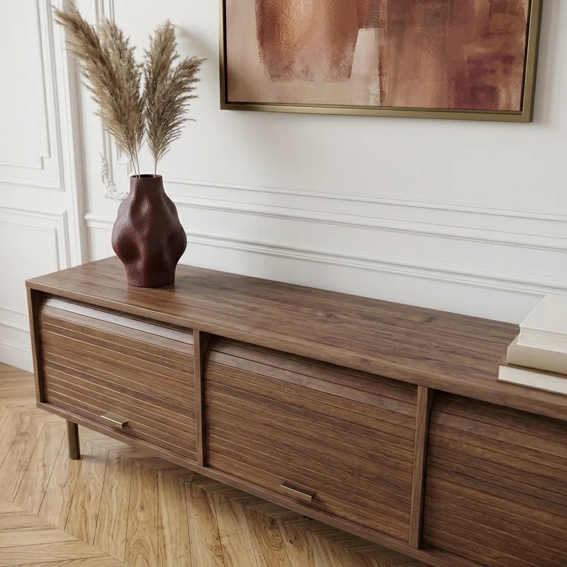 Marcel Meuble TV 180 cm effet noyer avec 3 portes coulissantes et pieds métal noir