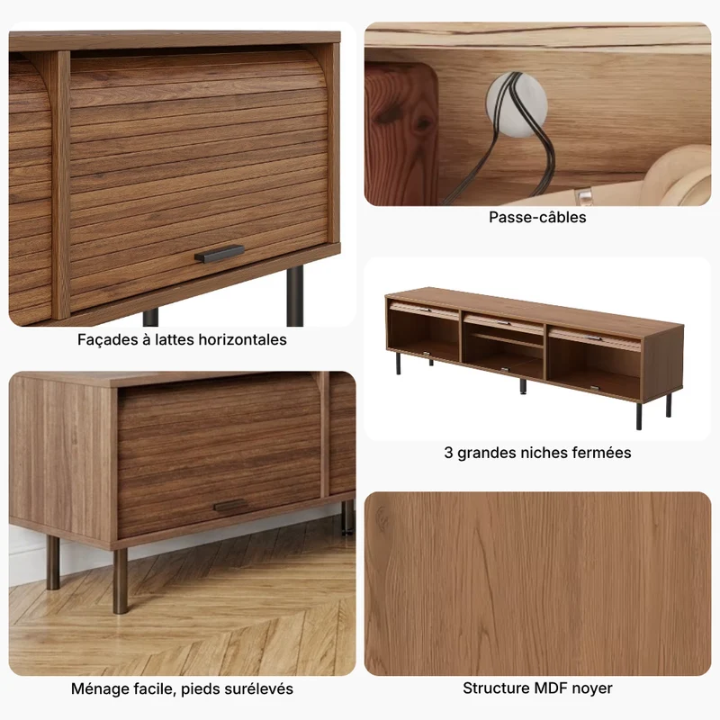 Marcel Meuble TV 180 cm effet noyer avec 3 portes coulissantes et pieds métal noir