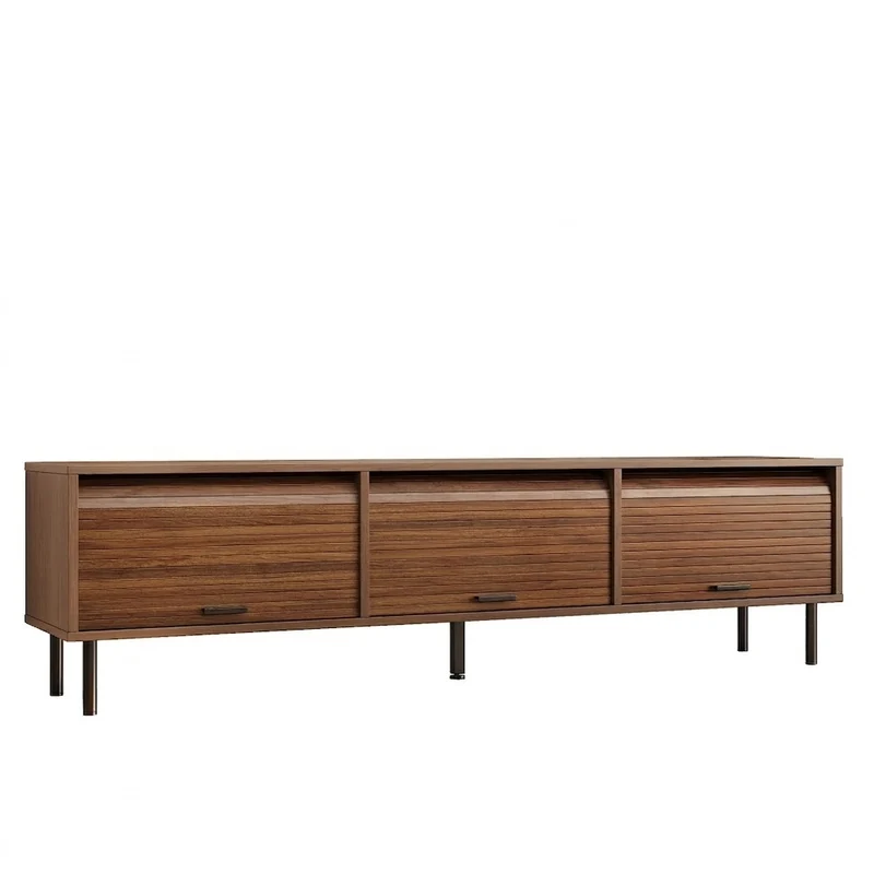 Marcel Meuble TV 180 cm effet noyer avec 3 portes coulissantes et pieds métal noir