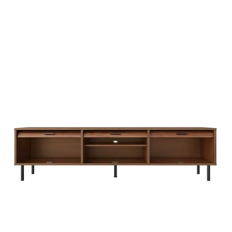 Marcel Meuble TV 180 cm effet noyer avec 3 portes coulissantes et pieds métal noir