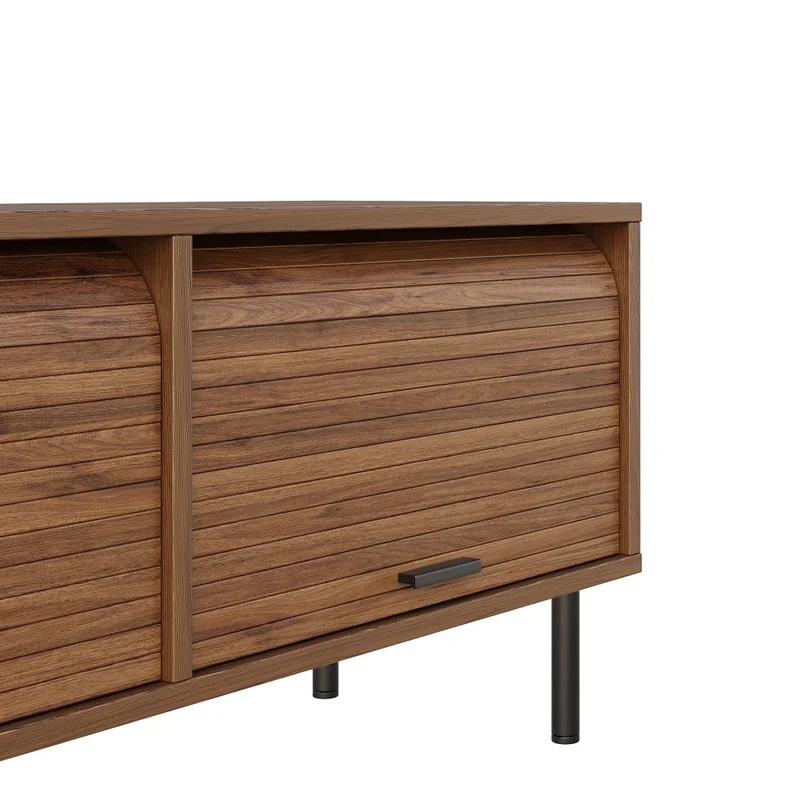 Marcel Meuble TV 180 cm effet noyer avec 3 portes coulissantes et pieds métal noir