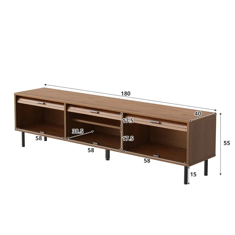 Marcel Meuble TV 180 cm effet noyer avec 3 portes coulissantes et pieds métal noir