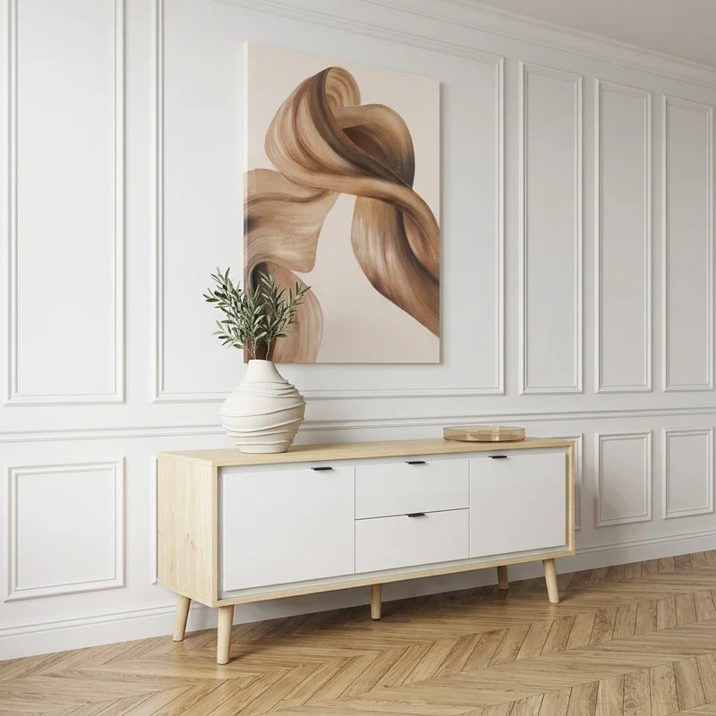 Lilly Meuble TV 120 cm blanc et chêne clair, 2 portes - 2 tiroirs