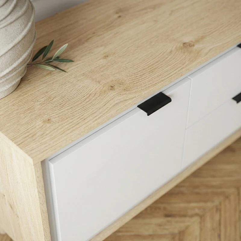 Lilly Meuble TV 120 cm blanc et chêne clair, 2 portes - 2 tiroirs