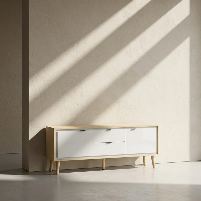 Lilly Meuble TV 120 cm blanc et chêne clair, 2 portes - 2 tiroirs