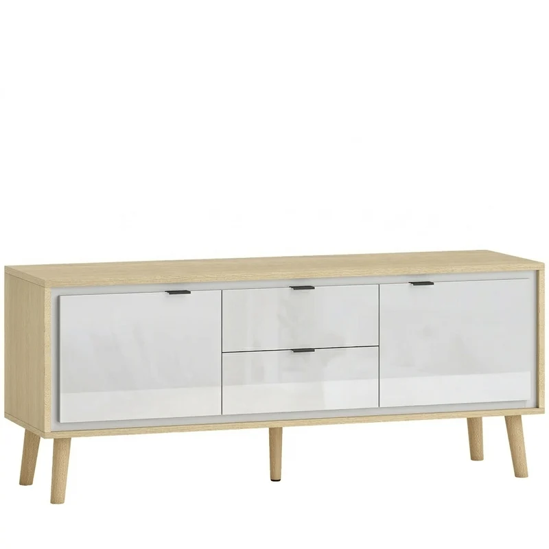 Lilly Meuble TV 120 cm blanc et chêne clair, 2 portes - 2 tiroirs
