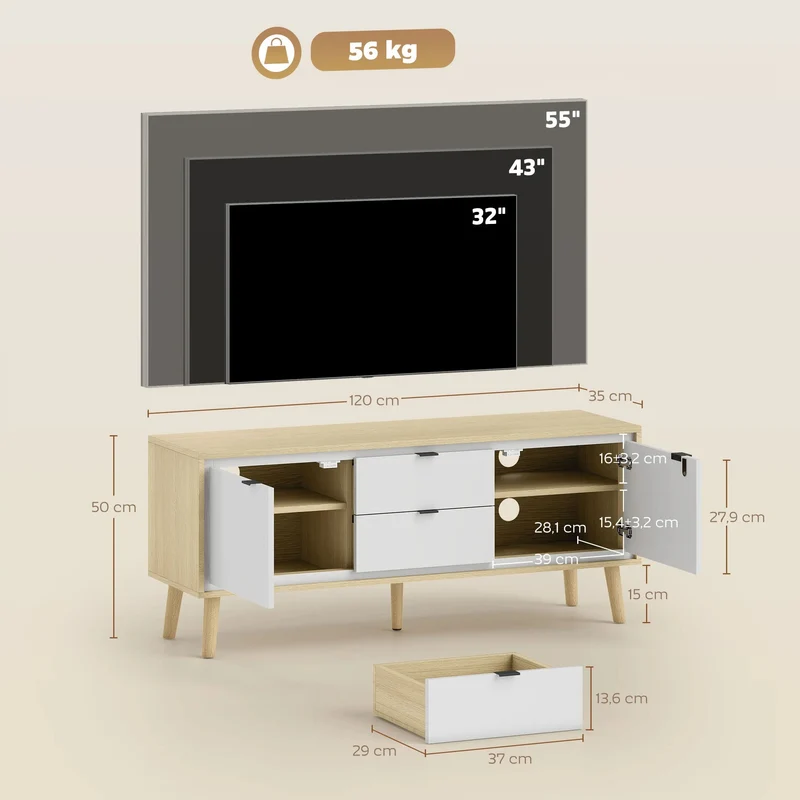 Lilly Meuble TV 120 cm blanc et chêne clair, 2 portes - 2 tiroirs